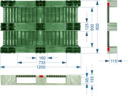 Паллет (поддон) пластиковый сплошной усиленный на 3-х полозьях, 1200x800х150 мм, красный [1200800150-00]
