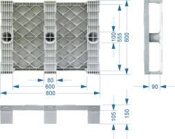 Паллет (поддон) пластиковый сплошной на 3-х полозьях, 800х600х150 мм, синий [TR 680]